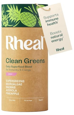 Rheal Clean Greens 165 g, Superfood Greens Powder for Daily Energy & Immunity Support – with Spirulina, Moringa & Wheatgrass – Vegan – 30 Servings, Natural Berry Flavour