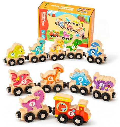 yolzhxe 11 PCE Train Jouet en Bois pour Enfant, Magnetic Train Dinosaure