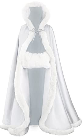 BEAUTELICATE Mantello con Cappuccio Donna Mantella Lungo Pelliccia Sintetica Raso da Sposa con Mano Manicotto per Matrimonio Invernale Hallween Natale Carnevale Cosplay (Bianco, 127cm)