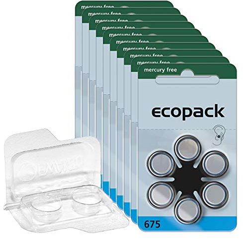 ecopack 675 - Pilas para audífonos (60 unidades, 10 x 6 unidades, PR44, 1,4 V, incluye caja para 2 pilas de audífonos (todos los tamaños), caja transparente para dos pilas de botón de hasta 12 mm x 6