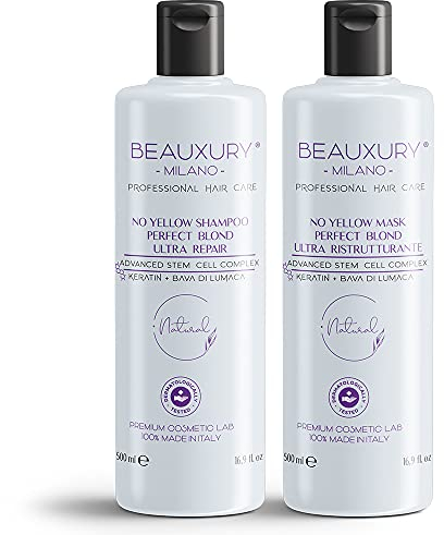 Beauxury Milano Kit Ricostruzione Antigiallo Shampoo e Maschera con Bava di Lumaca per Capelli Biondi e Danneggiati No Yellow ad Azione Riparatrice per Danni da Decolorazione