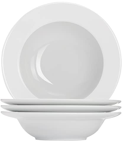 Buyajuju Porcelain Salad Bowls Round Soup Plates, Pasta Bowls Set of 4, Classic White Deep Soup Bowls, Ceramic Rimmed Bowl, 9.1 Inches Diameter with Rim Plates.