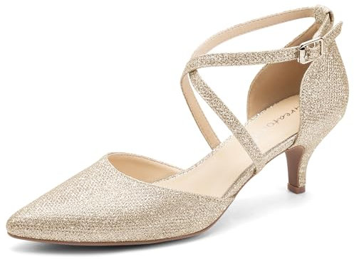Greatonu Womens Court Shoes Pointed Toe Kitten Mid Low Heel Sandals Ladies Ankle Strap Pumps Gold Size 5