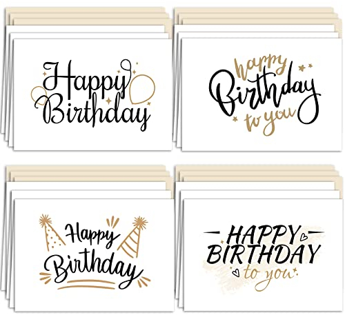 Klasse 12er Set Geburtstagskarten mit Umschlägen, Glückwunschkarten, Geburtstagskarten, Klappkarten mit Umschlägen, weiß, schwarz, gold, Happy Birthday für Erwachsene, Mann, Frau, Kinder, Mädchen, Jun