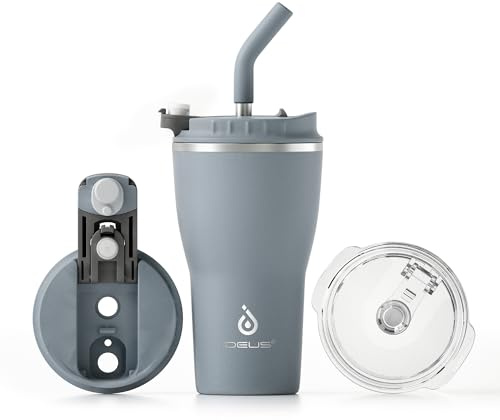 Ideus Isolierbecher 14oz (420ml), Doppelwandige Kaffeetasse Edelstahl Kaffeebecher Reisebecher mit auslaufsicherer Abdeckung und Stroh, geeignet für heiße und kalte Getränke (Classic Grau)