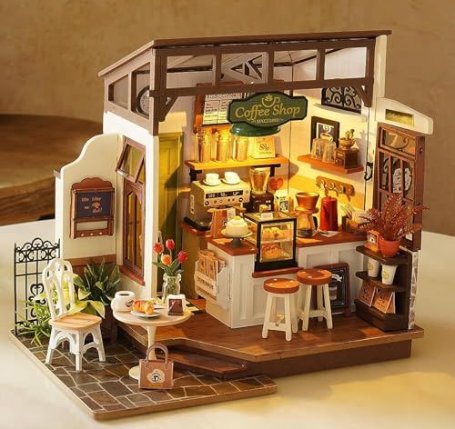 ROBOTIME DIY Wooden Dollhouse Set with Miniature Furniture, Model Building Set with Accessories and LED, Model Kit for Adult and Children, Holiday Birthday (NO.17 Coffee)