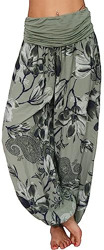 shownicer Damen Hosen Lang Bedrucken Pumphose Haremshose Sommerhose Yogahose Aladinhose Baggy Harem Atmungsaktive Freizeithose Yogahose Strandhose mit Taschen C Armeegrün M