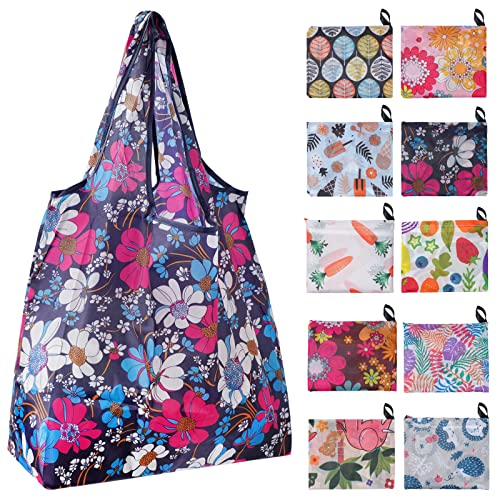 Wylnsie 10 sacchetti per la spesa pieghevoli, grandi, riutilizzabili, ecologici, impermeabili, durevoli e facili da lavare, per shopping, campeggio, viaggi, multicolore, 40 centimeters