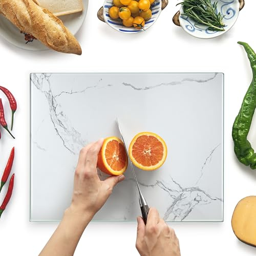 Tabla de Cortar de Vidrio 40 x 30 cm: Protector de Encimera de Vidrio para Cocina - Vidrio Templado Duradero e Higiénico, Resistente a Arañazos - EFECTO MÁRMOL BLANCO