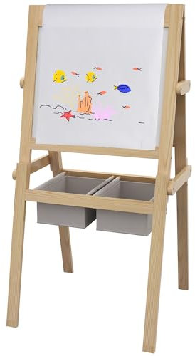 AIYAPLAY Caballete para Niños 3 en 1 Pizarra Infantil Caballete de Doble Cara Pizarra Blanca con Rollo de Papel y 2 Cestas Marco de A 58x50,5x109 cm Natural