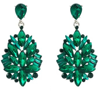 Big Rhinestone Dangle Drop Earrings for Women Girls Shiny Long Crystal Cluster Chandelier Teardrop Statement Earring Elegant Dress Accessories Retro Art Deco Wedding Cocktail Party Jewelry (Green)