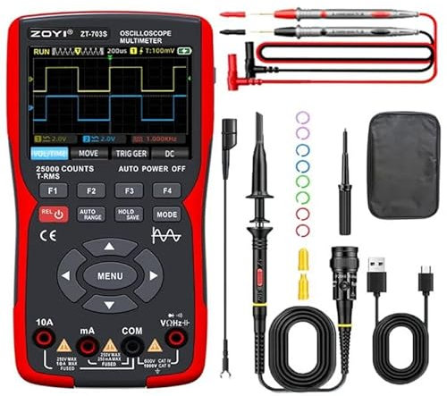 ZOYI ZT-703S 3-in-1 Digital Oscilloscope + True RMS Multimeter + Signal Generator, 50 MHz Dual-Channel 280 MSa/s, 3.5″ IPS Display, Portable Electronics & Automotive Tester