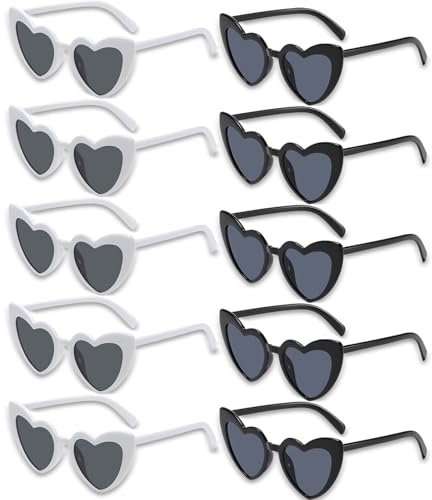 Lot de 10 paires de lunettes de soleil en forme de cœur - Pratiques et très tendance - Convient à tout le monde - Pour fêtes, mariages et autres réglages (noir et blanc)