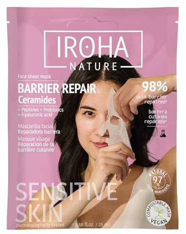 Iroha Nature - Maschera viso riparatrice barriera | Idratazione e protezione intensa | Con ceramidi, peptidi e probiotici
