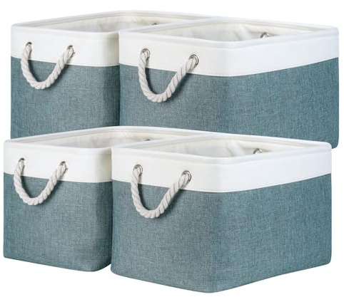 Temary Storage Baskets for Shelves 4 Pack Fabric Rectangle Baskets for Organizing Toys, Clothes, Decorative Bins with Handles (15 * 11 * 9.5-White&Dark Green)