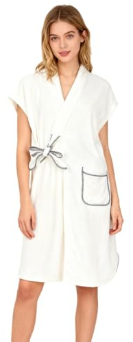 Peignoir de Bain Femme à Manches Courtes avec une Poche Robe de Chambre Absorbante avec Corde à Nouer Peignoir de Sauna pour Douche Spa Piscine Sortie de Bain Vêtement de Nuit, Taille unique, Blanc