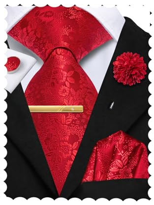Hi-Tie Red Ties for Men and Pocket Square Cufflinks Lapel Pin Clip Pin Set Silk Mens Floral Ties Necktie for Wedding