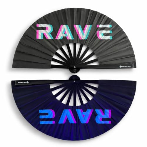 Generisch Ventaglio Rave – XXL ventaglio a mano – Accessorio indispensabile per Rave Techno e festival: scomparti stabili bambù legno nero pieghevole e grande (33 cm)