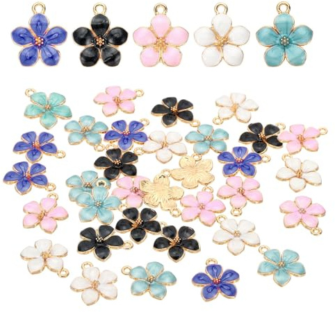 ZALAOR 40Pcs Enamel Flower Charms Sets - Cherry Blossom Charms Pendants DIY Jewellery Making - Multi-color Alloy Floral Earring Pendants for Jewellery Making Bracelet, Necklace, Earring, Keychain