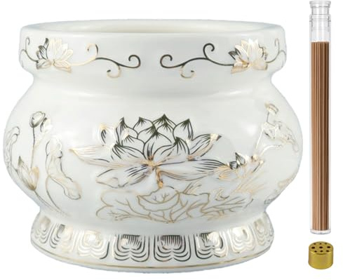 Gopupu Ceramic Incense Burner Pot, Small Incense Bowl with Sticks and Brass Stand, Decorative Lotus Incense Holder Censer for Meditation Praying Buddha 4 Inch