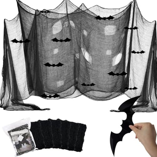 Garza di Halloween Decorativa 183 x 76cm, Panno Raccapricciante di Halloween, Halloween Deco tulle Nera, Pipistrello Falso 3D, per veranda, giardino, porta, festa Halloween interno esterno(6 Pezzi)