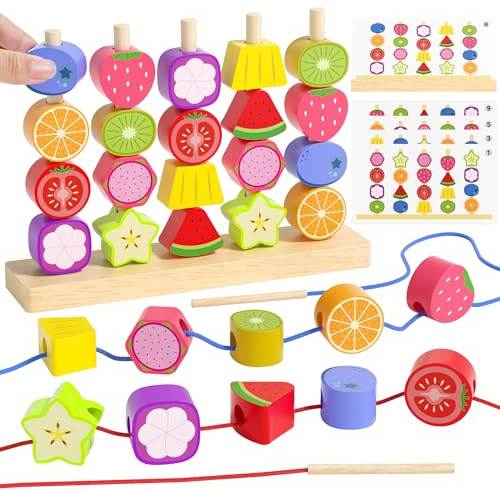 Montessori Spielzeug ab 3 4 5 Jahre, Fädelspiel Steckspiel Motorikspielzeug für Kinder, Bauklötze Holz mit Sortierspiel Kinderspiele, Kinderspielzeug Holzspielzeug Geschenk für Baby Jungen Mädchen