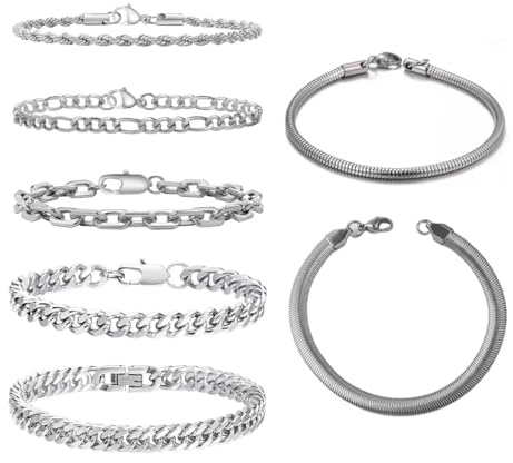 OIXEY 7 piezas Pulsera para hombre de acero, pulsera para hombre de plata y oro negro, pulsera para hombre de acero inoxidable 316L, cadena cubana, regalo para hombre o chico (7 estilos)