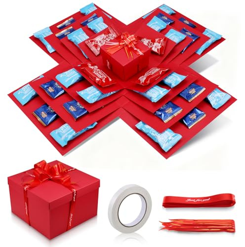 Zourglow 5 Layer Creative Explosion Gift Box, Surprise Gift Box Explosion with Ribbon and Double-Sided Tape, DIY Snack Explosion Box for Birthday, Anniversary, Valentine's Day, Wedding, Red