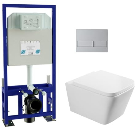 Pack Inodoro Suspendido Blanco Brillo y Cisterna Empotrada Autoportante con Pulsador Cromo | Inodoro Blanco Brillo Rimless Sin Borde de Fondo Reducido y Asiento Extrafino con Caida Amortiguada