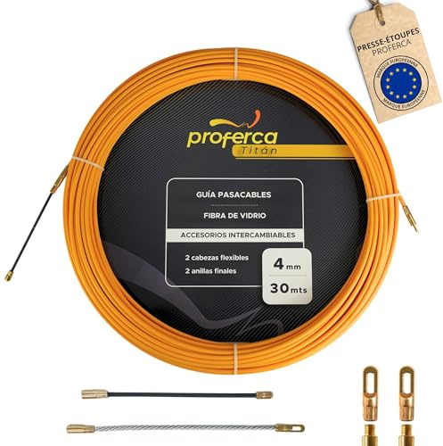 PROFERCA Guia Pasacables Profesional de 4mm y 30 Metros de fibra de vidrio reforzada | Terminales Intercambiables | Especial jardines y Techos
