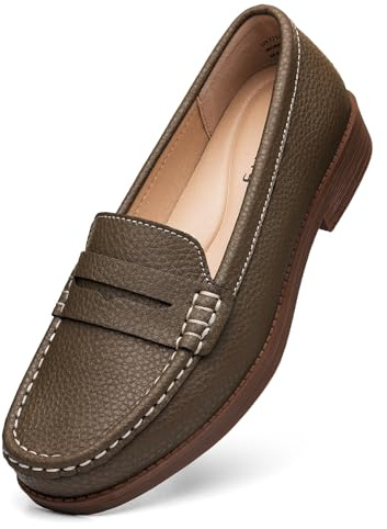 Freeberry Women's Comfortable Leather Penny Loafers Slip On Business Casual Dress Shoes Lightweight Office Work Flats Everyday Walking Shoes for Women, Khaki, 10.5 M US