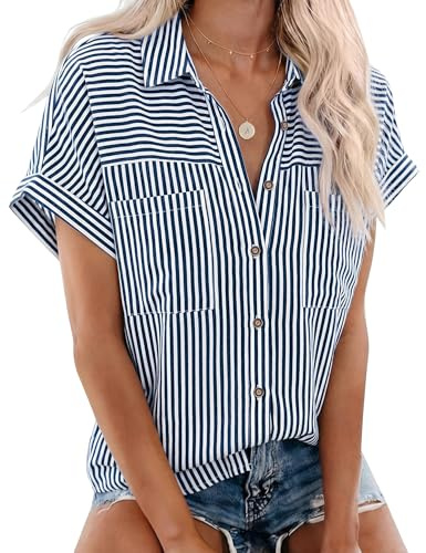 Rapbin Womens Short Sleeve Blouses Collared Button Down Shirts with Pockets