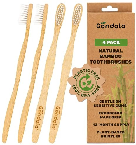 Gondola Cepillo de Dientes Natural de bambú Paquete de 4 cepillos de Dientes de tamaño Adulto Ecológico 100% Vegano sin BPA Empaquetado Biodegradable Cerdas Blandas