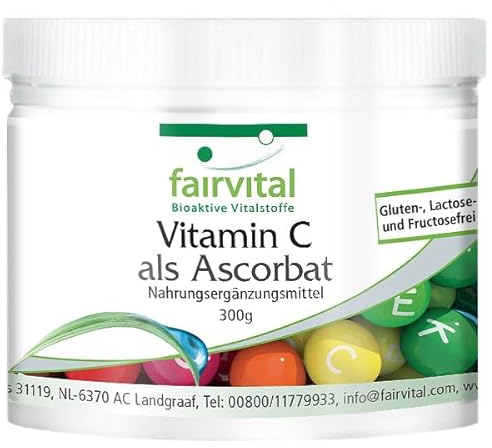 Fairvital | Vitamina C 100% Pura in polvere - Ascorbato di calcio - Alto dosaggio - VEGANA - pH Tamponato - Per 10 mesi - 300g