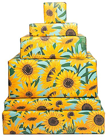 Central 23 - Feuilles de papier d'emballage de fleurs - Tournesols - Papier d'emballage bleu et jaune - 6 feuilles - Pour femmes Hommes Anniversaires Enfants - Recyclable