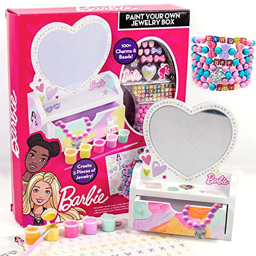 Barbie Paint Your Own Jewelry Box by Horizon Group USA, Customize A Heart-Shaped Vanity & Jewelry Box with Acrylic Paints, Create 5 Pieces of Jewelry, 100+ Charms & Beads