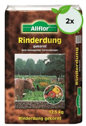 Allflor Rinderdung gekörnt - 2 x 12,5 Kg - Rinderdungpellets im Beutel - Wirtschaftsdünger von Rindern - Biologischer Gartendünger - Rindermist - Fördert die Humusbildung