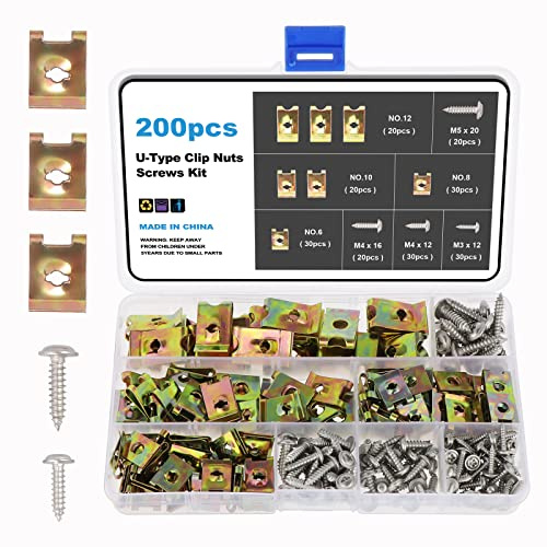 Fippy 200 Pièces U-Clip Nut U-Clips Vis de Carrosserie pour Ailes de Voiture, Vis d'aile de Carrosserie Automobile, Clips en U et Fixations en Métal pour Automobile