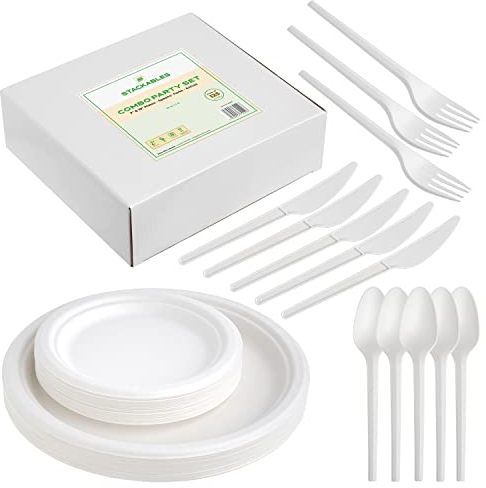 125 Pieces Disposable Tableware Set Sets for 25 People ~ Compostable & Biodegradable Party Setting Set ~ Bagasse Dinnerware Set ~ White 7 & 10 Paper Plates with Spoons Forks & Knives Sets