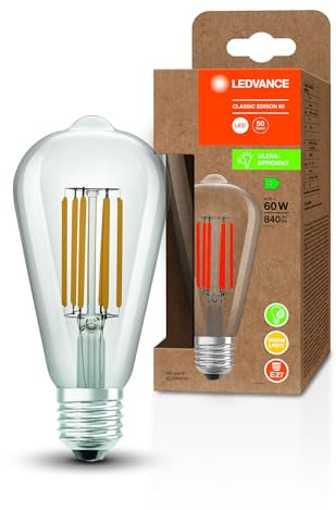 LEDVANCE Lampe à économie d'énergie à LED, filament Edison, E27, blanc chaud (3000K), 4 watts, remplace une ampoule de 60W, très efficace et économe en énergie, pack de 1