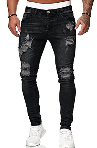seiveini Jean Homme Skinny Droit Pantalon Denim Déchiré Jeans Troué Vintage Hip Hop Trousers Casual A Noir M