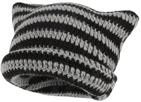 XehCaol Y2k Cat Beanie,Lustige Mütze Mit Ohren Katzenohren Strickmützen Knitted Hat Cat Ears Teufel hörner Mädchen Y2k Grunge Accessoires(Black)
