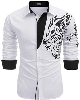 COOFANDY Men's Business Dress Shirt Long Sleeve Casual Slim Fit Button Down Print Shirt White L Animal