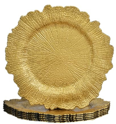 ALINK Gold Platzteller, Riffteller, Ladegerät für Speiseteller, 33 cm, Kunststoff-Ladegeräte für Hochzeiten, Weihnachten und Partys, 6 Stück-wiederverwendbar