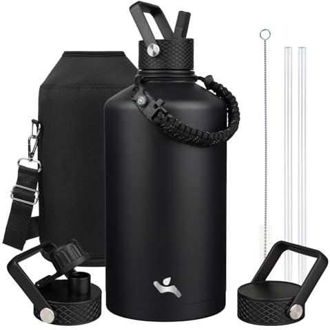 Konokyo Gallon Insulated Water Bottle with Straw,128 oz 3 Lids Water Jug with Carrying Bag,Paracord Handle, Double Wall Vacuum Stainless Steel Metal Flask,Black