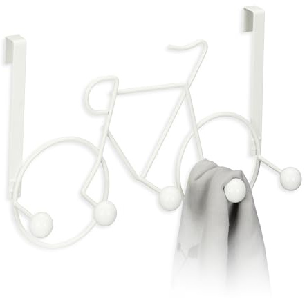 Relaxdays Kleiderhaken im Fahrrad-Design, 5 Haken Flurgarderobe, Türgarderobe zum Einhängen, Metall Türhakenleiste, weiß
