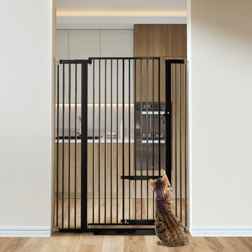 COMOMY 55.1 Extra Tall Pet Gate for Cats, 29.5-40.6 Extra Wide Cat Gate with Adjustable Cat Door, Pressure Mounted Easy Walk Through Pet Gate with Door for Stairs, Doorways, Kitchen(Black)