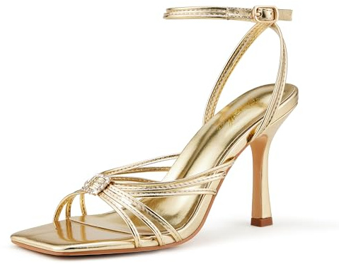 GENSHUO Sandali con cinturino alla caviglia con tacco 10 cm, decorati con nodi di strass, fascia stretta e punta quadrata aperta, oro, 41 EU