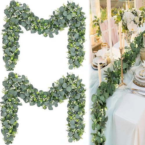 Raxfekro 2 Stück Künstliche Eukalyptus Girlanden Hängepflanze eukalyptus deko für Hintergrund Hochzeit Dekoration Tischläufer Mittelstück, Bauernhaus Tischdekoration Grün 180cm