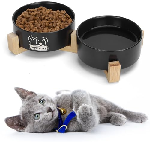 Nobleza Ceramic Cat Bowls Set with Bamboo Stand, Stackable Double Ceramic Cat Food Water Bowl, 2x400ml/13.5OZ Non-Slip Pet Feeding Bowls for Cats Kittens And Puppies, 13x13x5cm Black